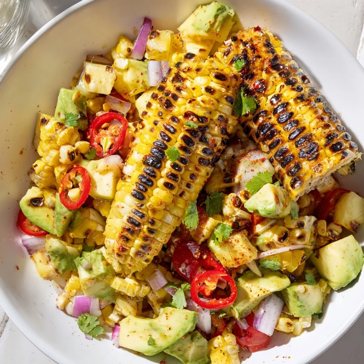 Grilled summer plate: Tropical Charred Corn And Avocado Salad served with tortilla chips