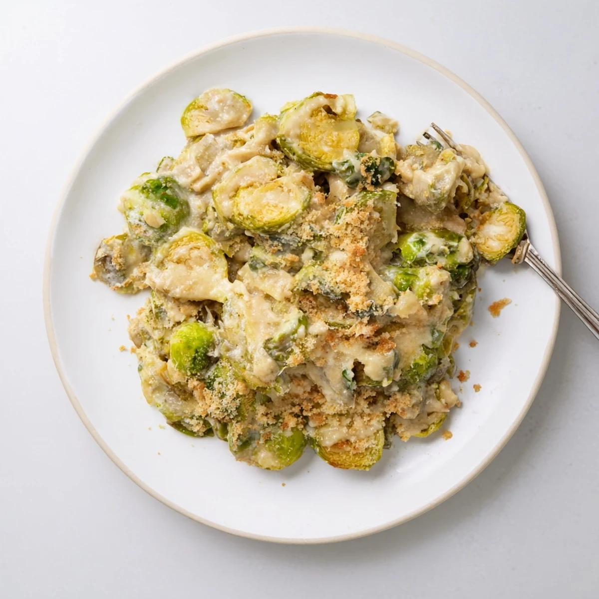 Creamy Parmesan Brussels Sprouts Casserole bubbling golden, breadcrumb topping and roasted edges