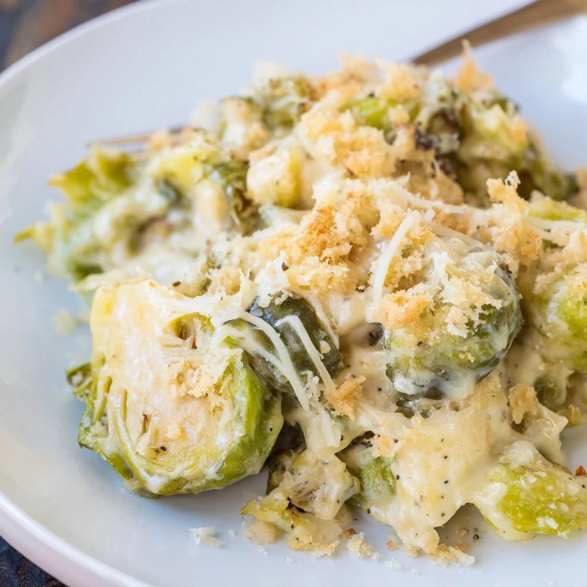 Plated Creamy Parmesan Brussels Sprouts Casserole beside roasted turkey, creamy sauce glistening