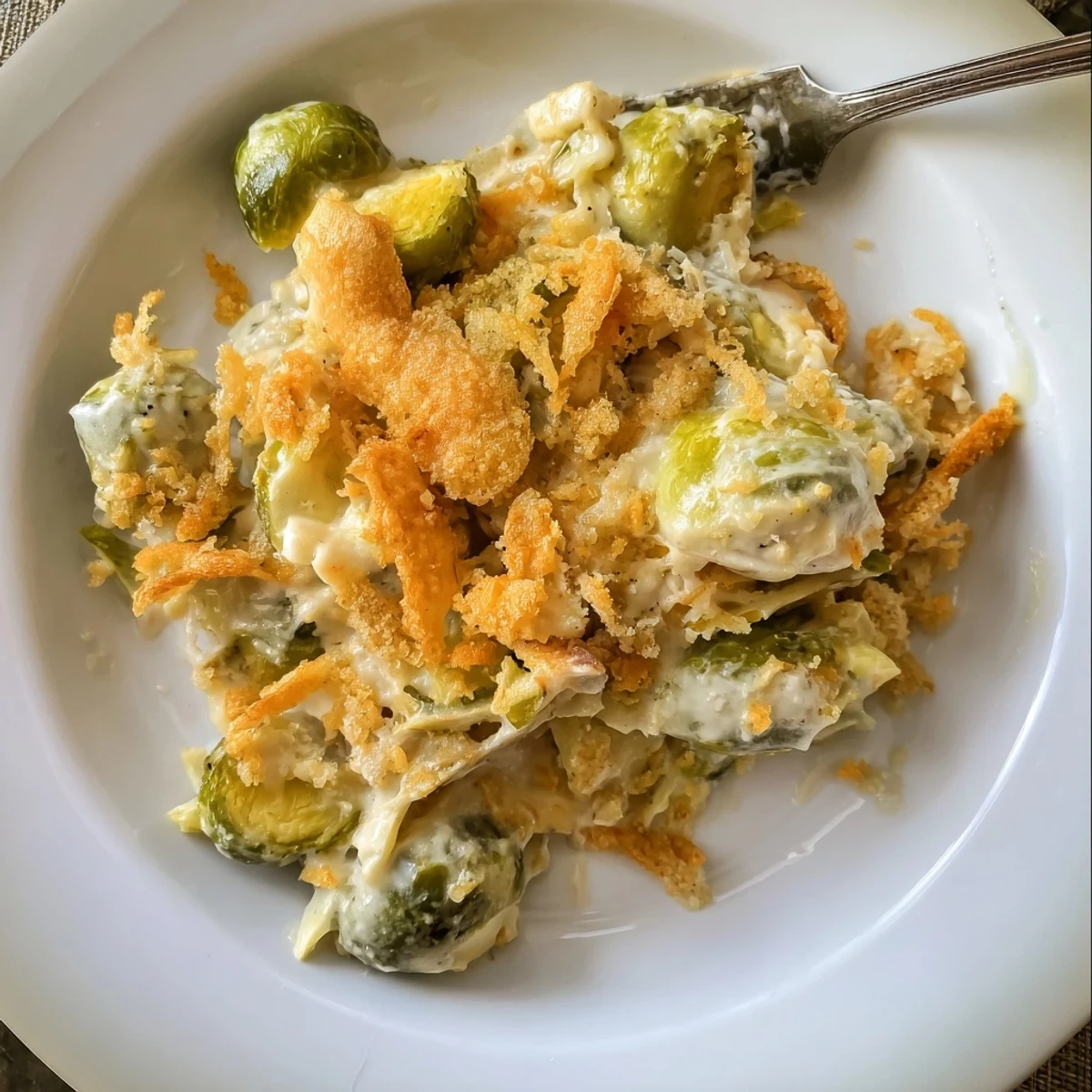 Oven-browned Creamy Parmesan Brussels Sprouts Casserole with crunchy panko and melted cheese