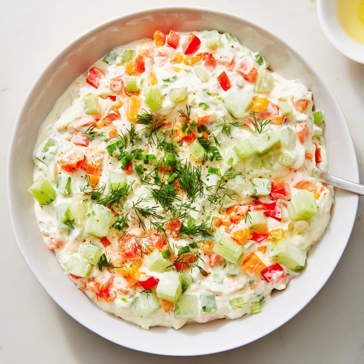 Creamy Garden Vegetable Spread recipe with crunchy diced peppers, chilled for serving