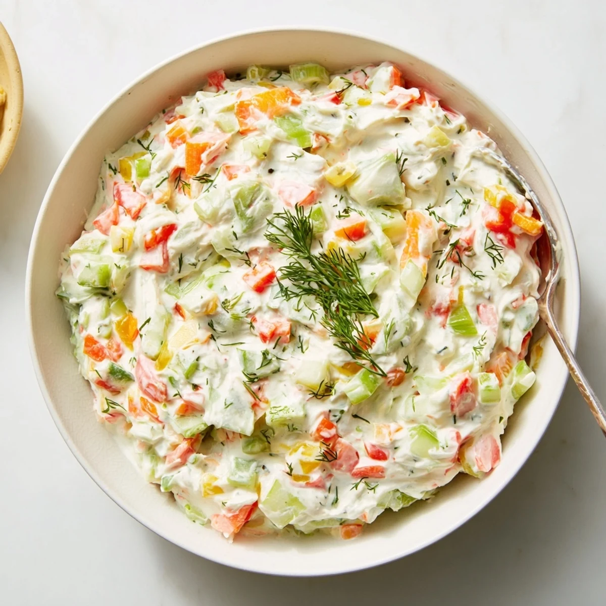 Bright bowl of Garden Vegetable Spread recipe studded with grated carrot, served with crackers