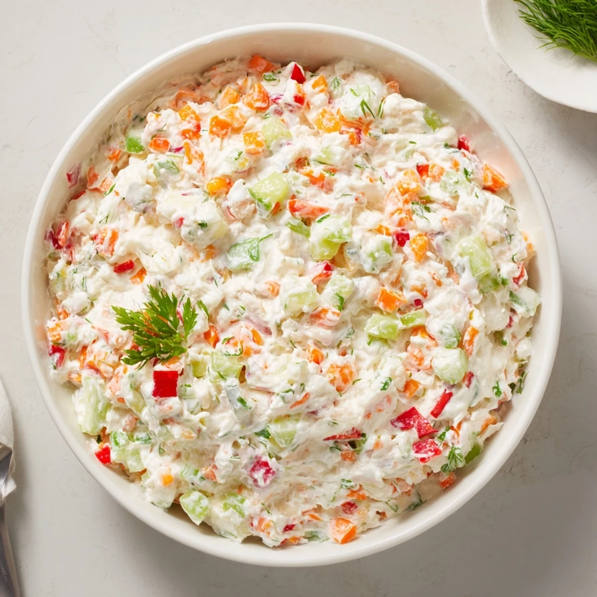 Herby, tangy Garden Vegetable Spread recipe folded with cream cheese for sandwiches