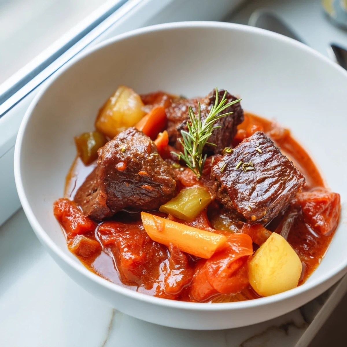 Spezzatino Di Manzo Italian Beef Stew simmering with fragrant herbs and rustic bread