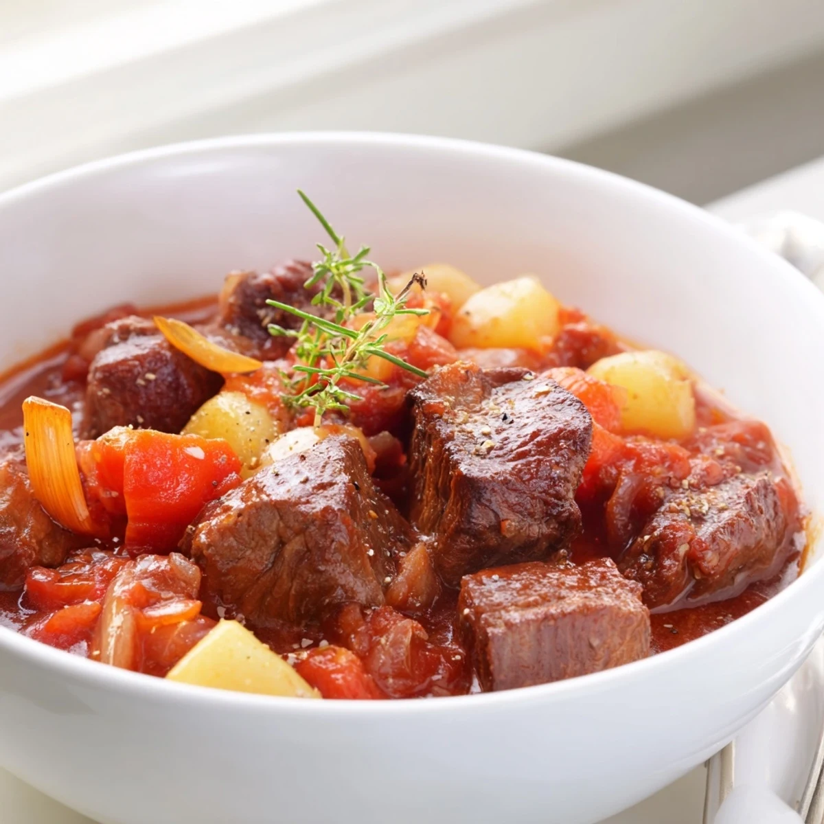 Slow-cooked Spezzatino Di Manzo Italian Beef Stew glowing in rich tomato broth