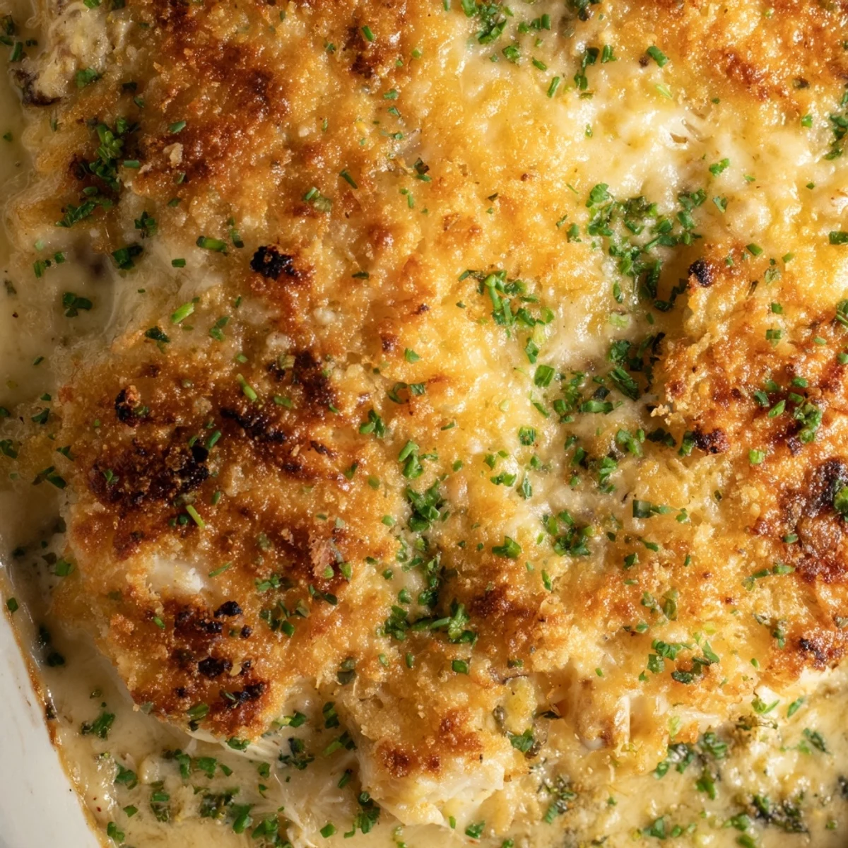 Bubbly cheesy jumbo lump crab au gratin fresh from the oven with golden crust