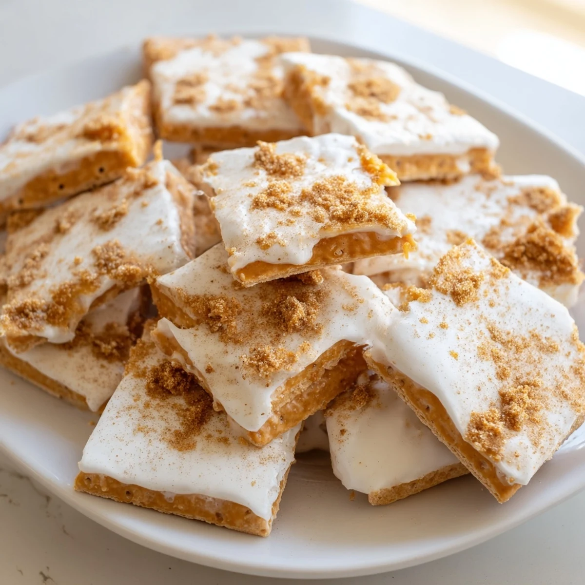 Golden Churro Saltine White Toffee broken into Irregular crunchy pieces coated in cinnamon sugar