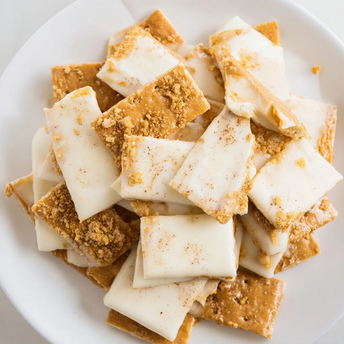 Creamy white chocolate layer on Churro Saltine White Toffee with warm Cinnamon sugar sprinkles
