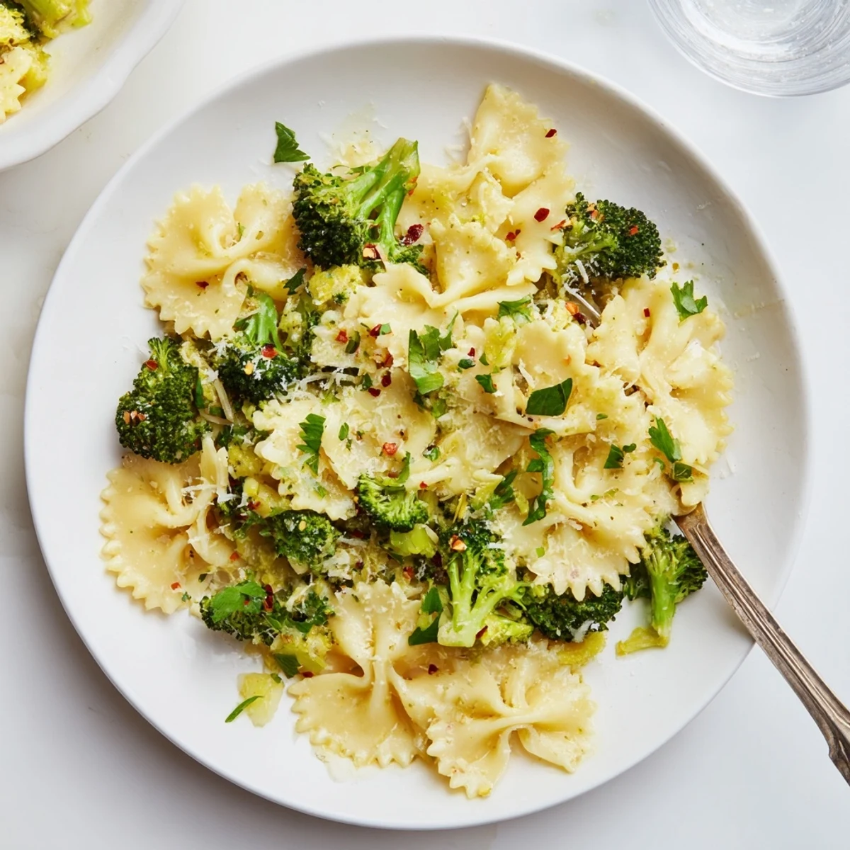 Ribbons of Mafaldine Limone Broccoli Pasta glistening with lemon garlic sauce and Parmesan
