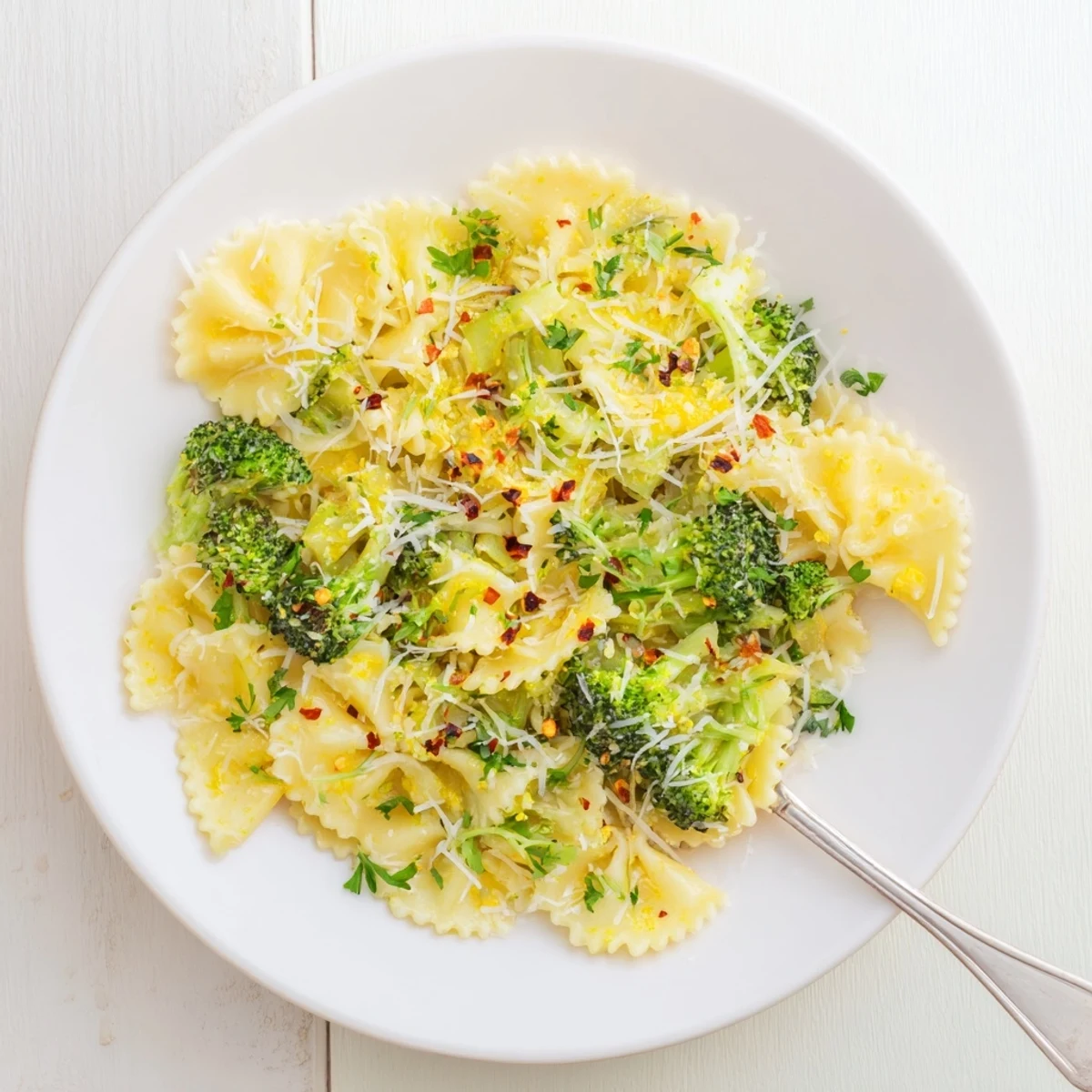 Steaming bowl of mafaldine limone broccoli pasta topped with grated Parmesan and fresh basil