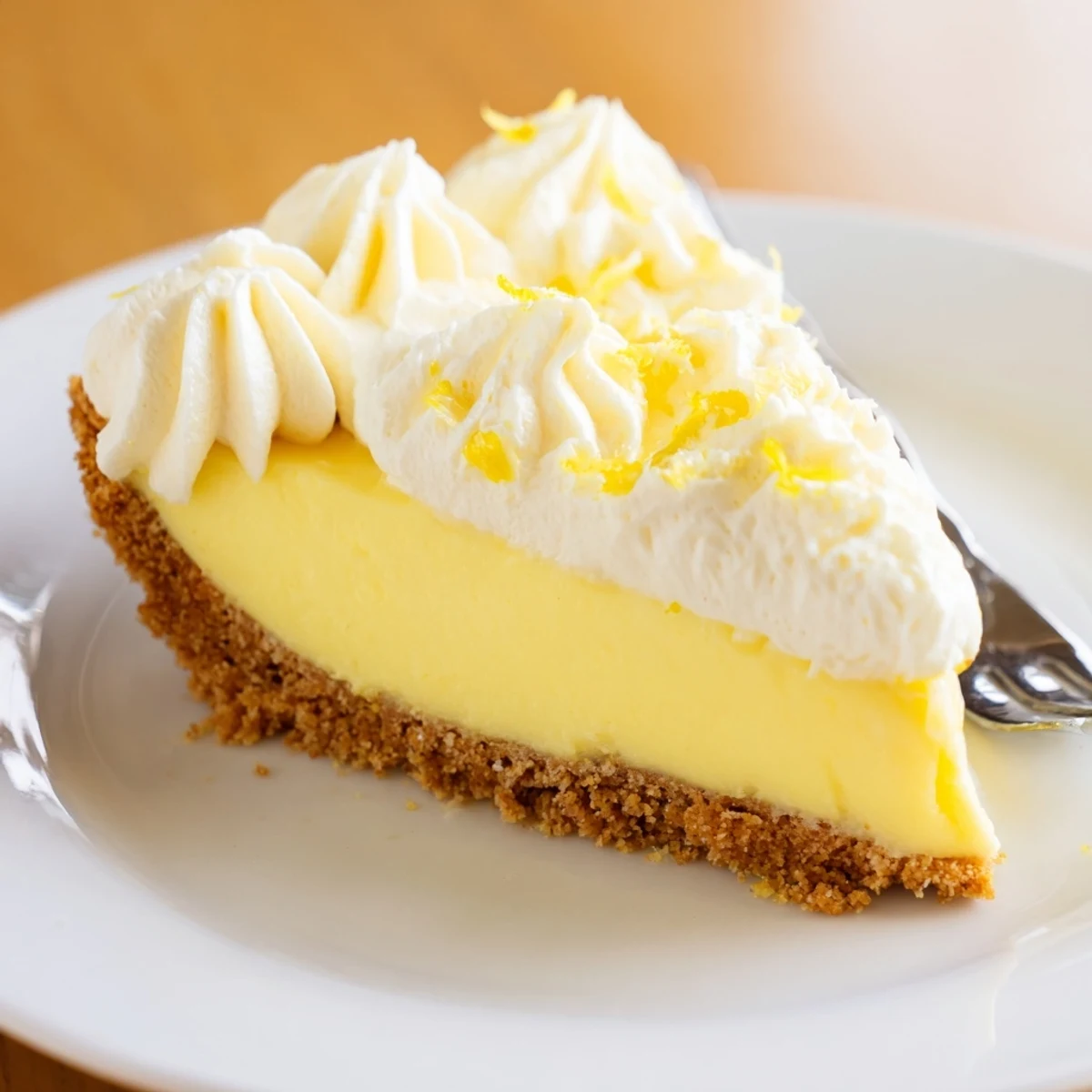 Bright yellow Real Lemon Pie Recipe slice on a rustic white dessert plate