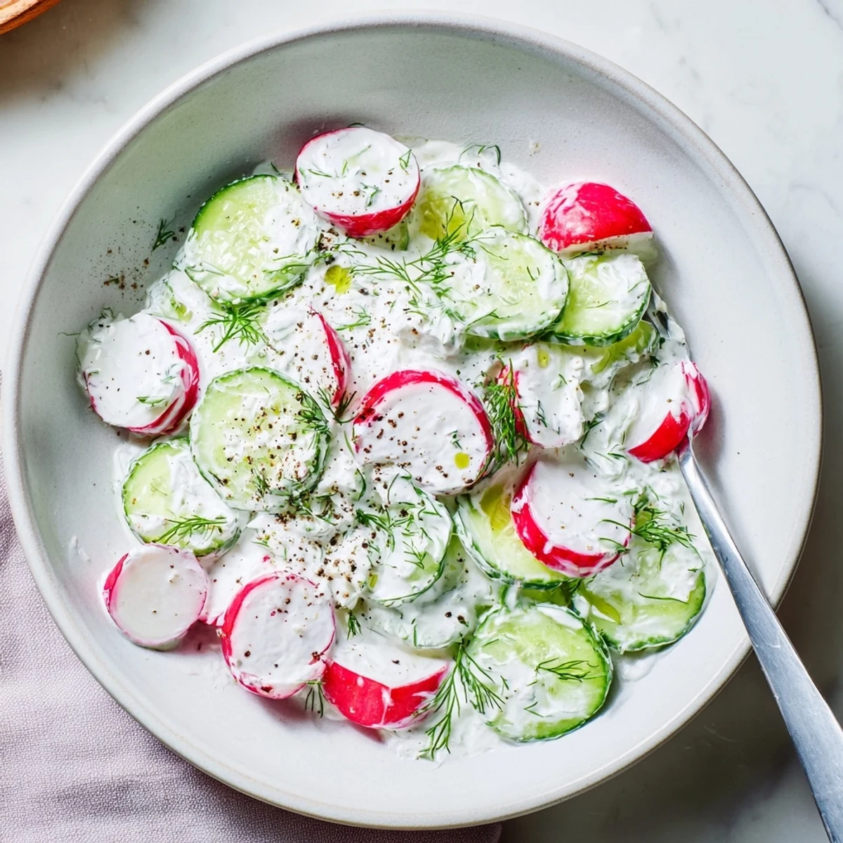 Creamy cucumber radish yogurt dill salad in a white bowl with fresh herbs
