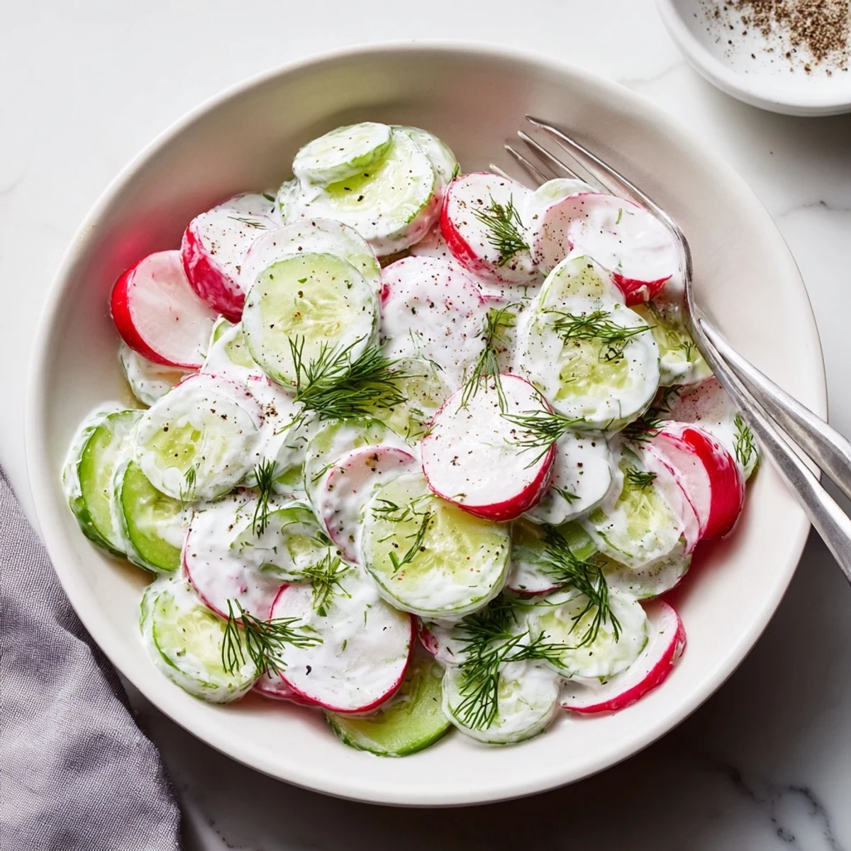 Crisp sliced cucumbers and pink radishes coated in a cool tangy yogurt dill dressing