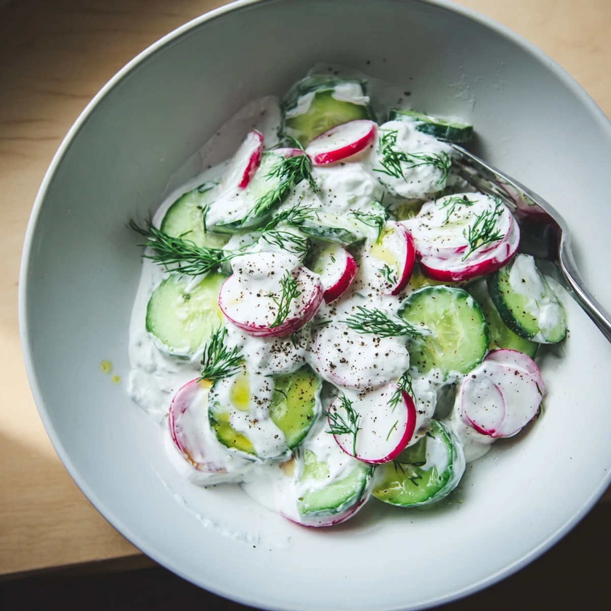 Chilled cucumber radish yogurt dill salad garnished with dill sprigs ready to serve