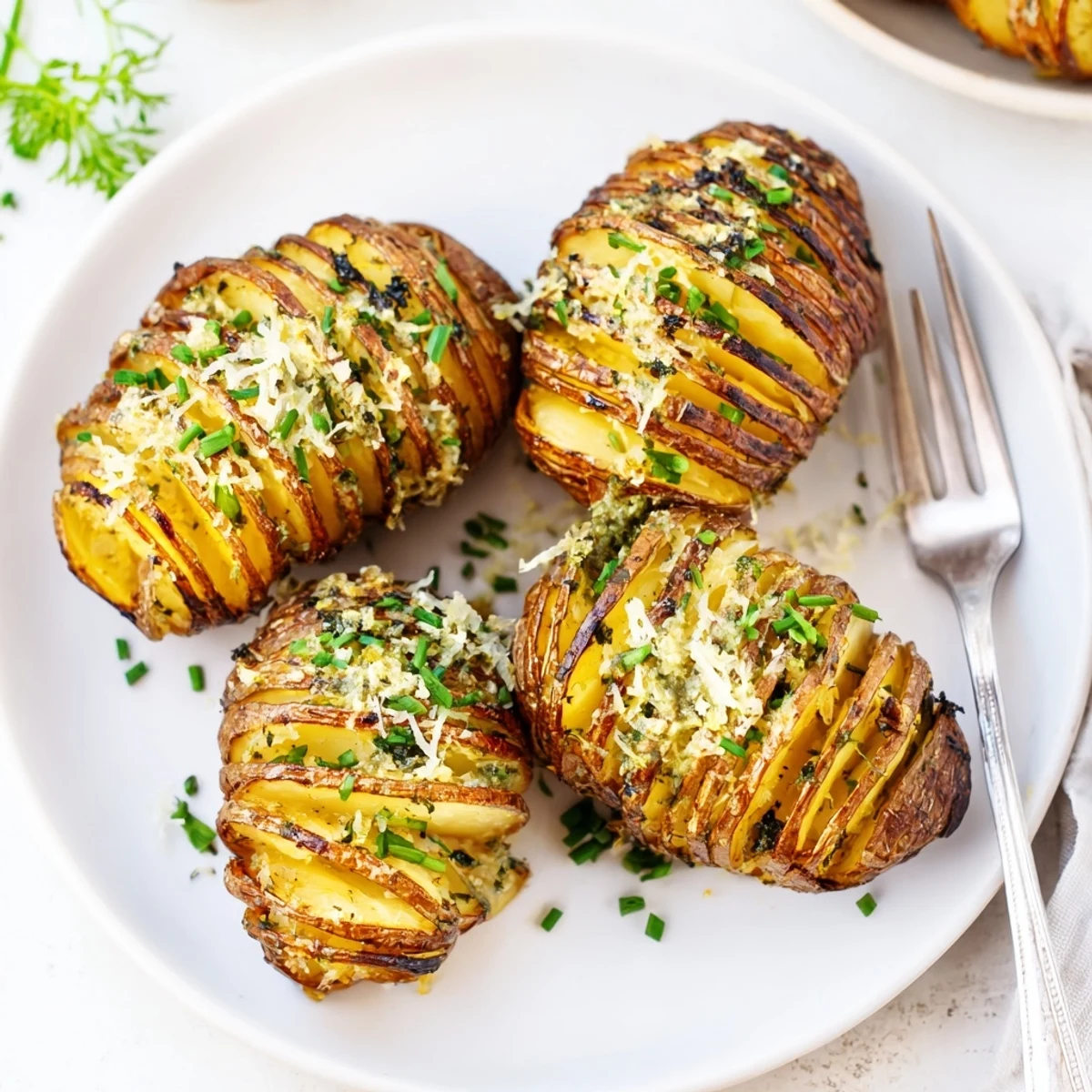 Golden grilled Hasselback potatoes with crispy fanned slices dripping in garlic herb butter.
