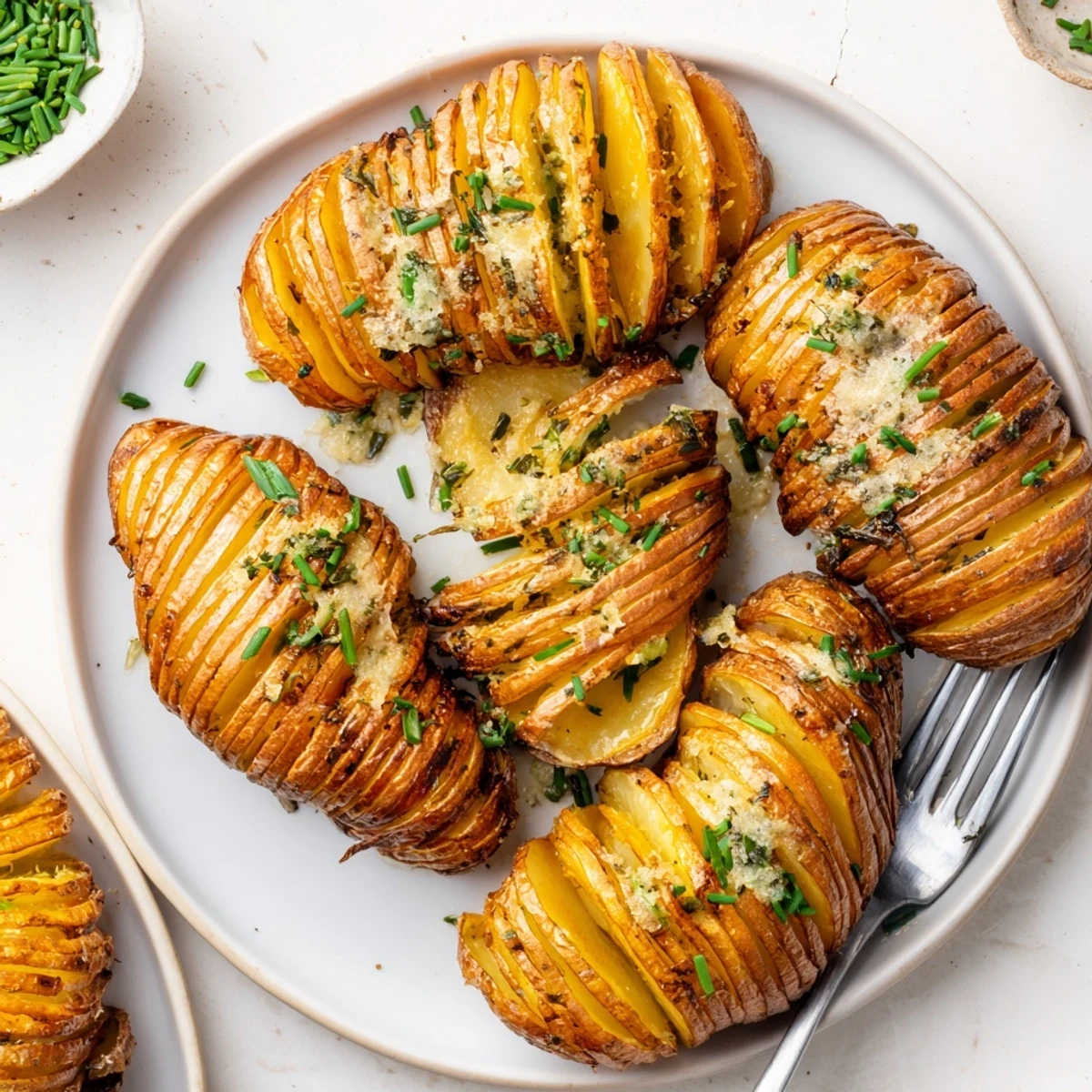 Tender grilled Hasselback potatoes topped with melted Parmesan and fresh chives on a platter.