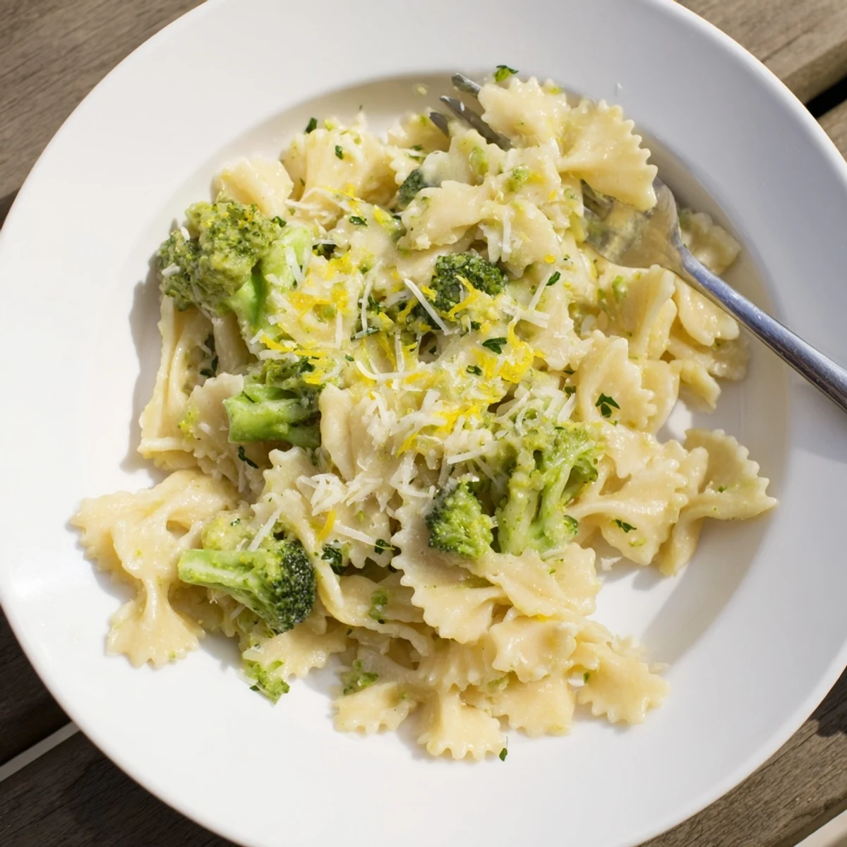 Tender broccoli florets tangled in mafaldine pasta limone broccoli with a silky lemon cream sauce