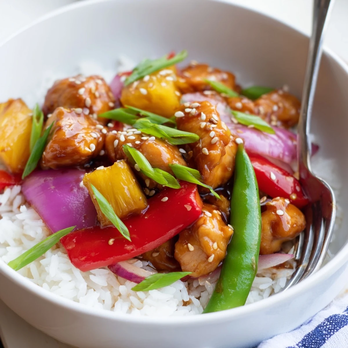 Golden chicken and sweet pineapple chunks piled over fluffy rice in a vibrant pineapple chicken rice bowl