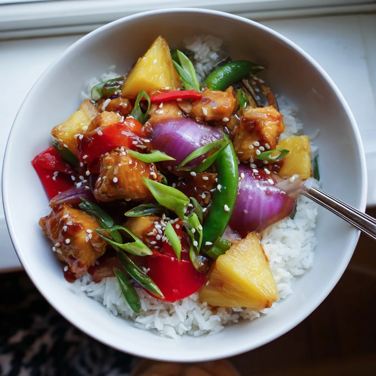Juicy glazed chicken with caramelized pineapple and colorful vegetables served in a tropical pineapple chicken rice bowl
