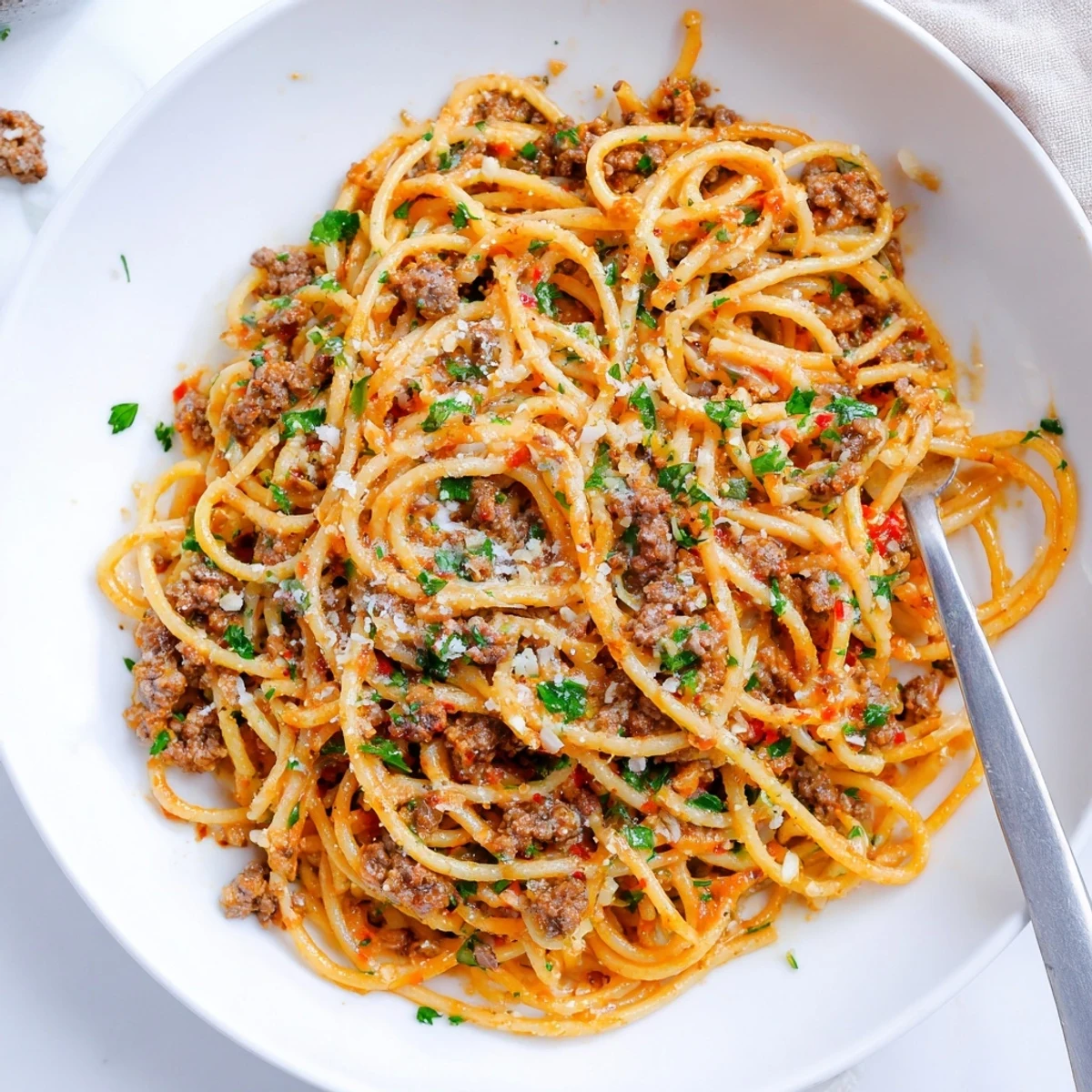 Garlic butter pasta with ground beef topped with Parmesan and fresh parsley