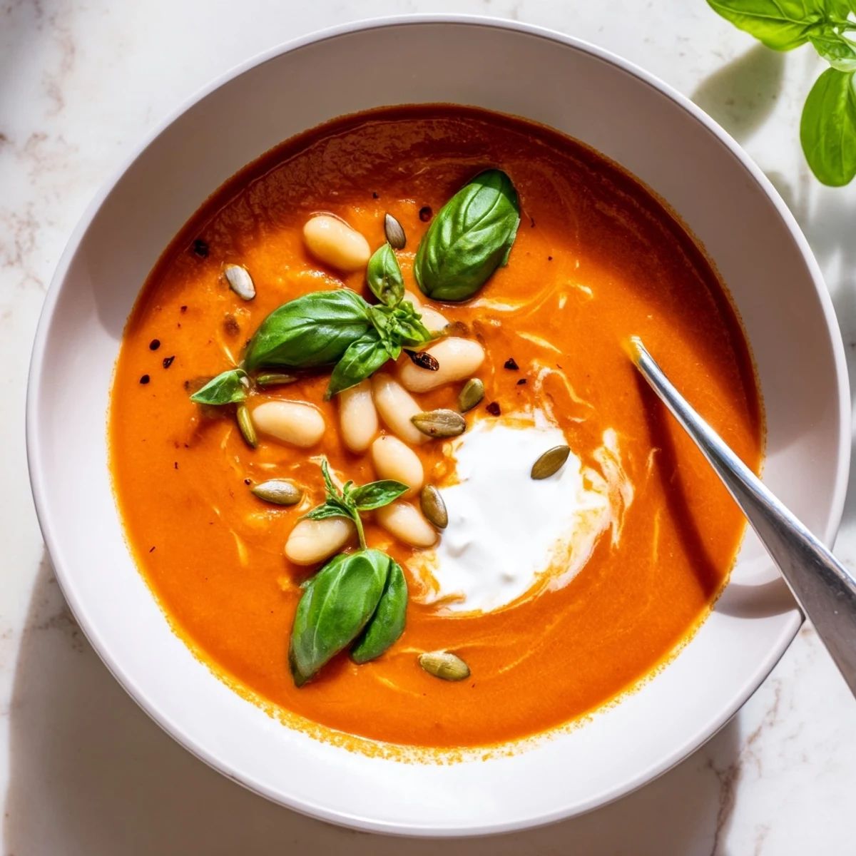 A steaming bowl of high protein tomato soup topped with fresh basil and a creamy yogurt swirl