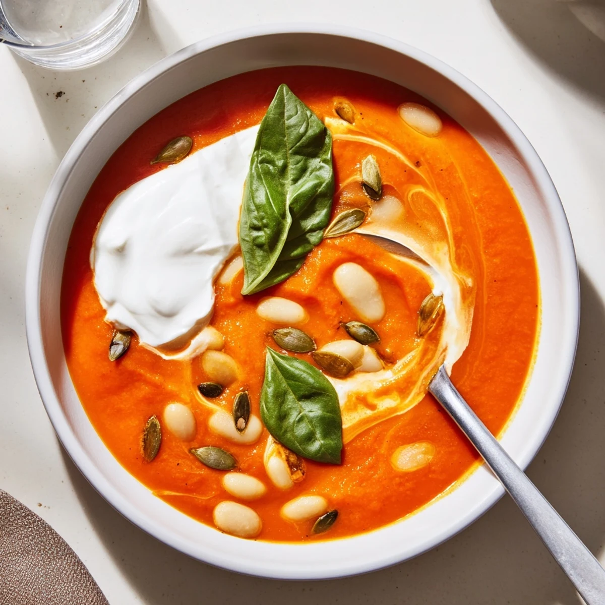 Creamy high protein tomato soup ladled into a rustic bowl with scattered pumpkin seeds and herbs