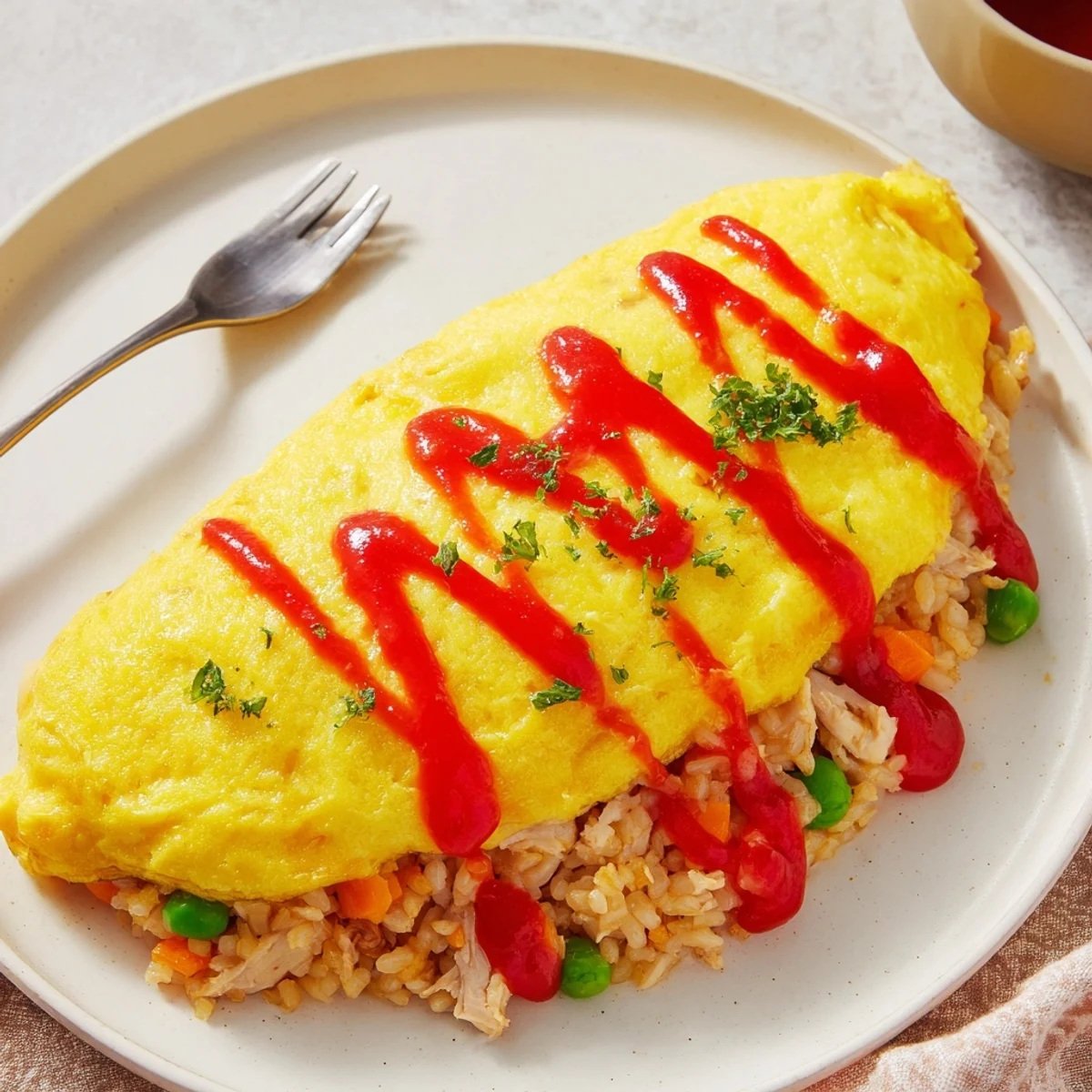 Golden omurice with a silky omelette draped over ketchup fried rice, drizzled with sauce.