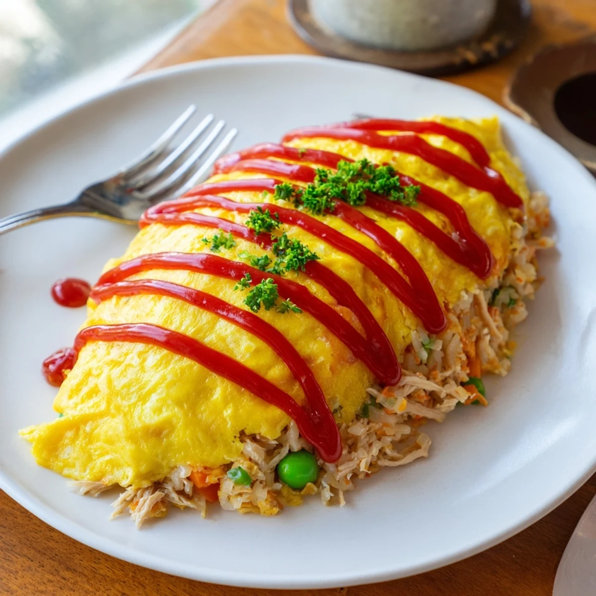 Steaming omurice plated on a white dish, fluffy yellow egg blanketing savory chicken fried rice.