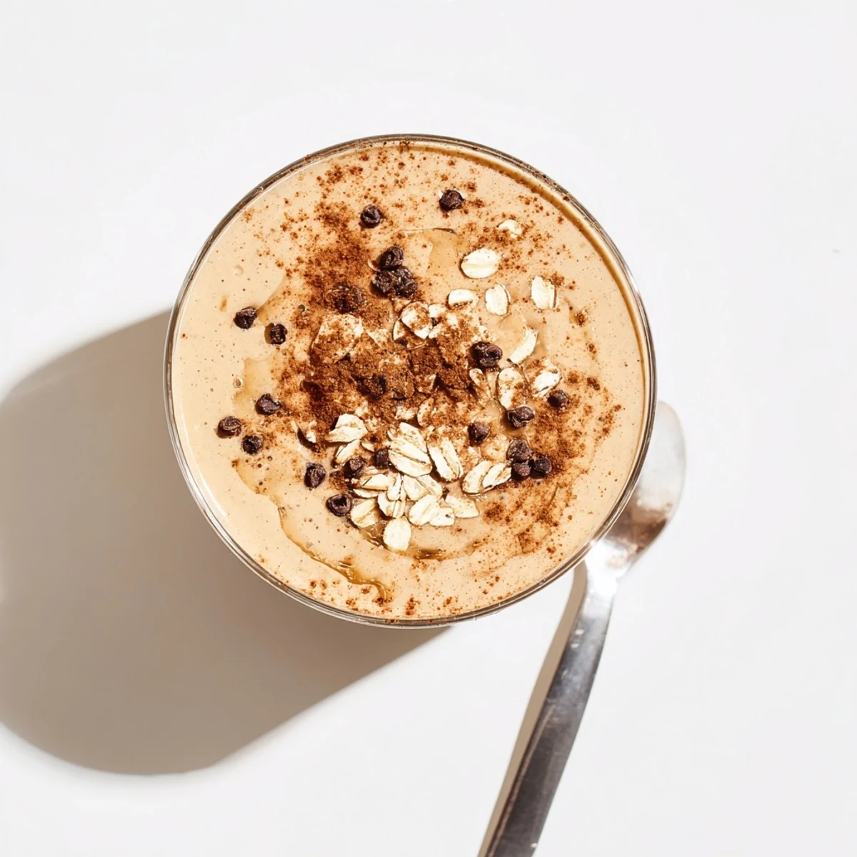Thick oatmeal cookie dough protein smoothie topped with mini chocolate chips in a glass