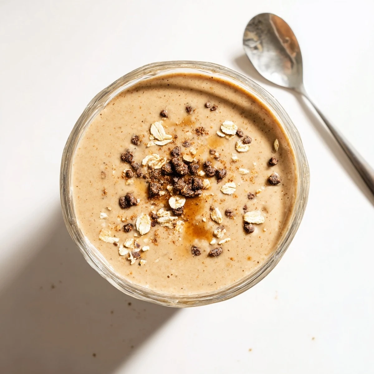 Creamy oatmeal cookie dough protein smoothie poured into two mason jars with cinnamon sprinkles