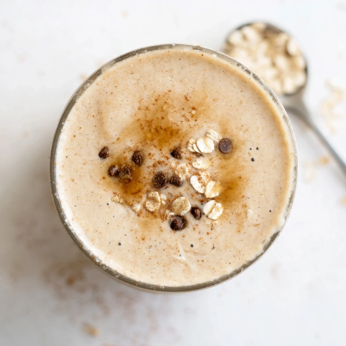 Frosty glass of oatmeal cookie dough protein smoothie blended with oats almond butter and banana