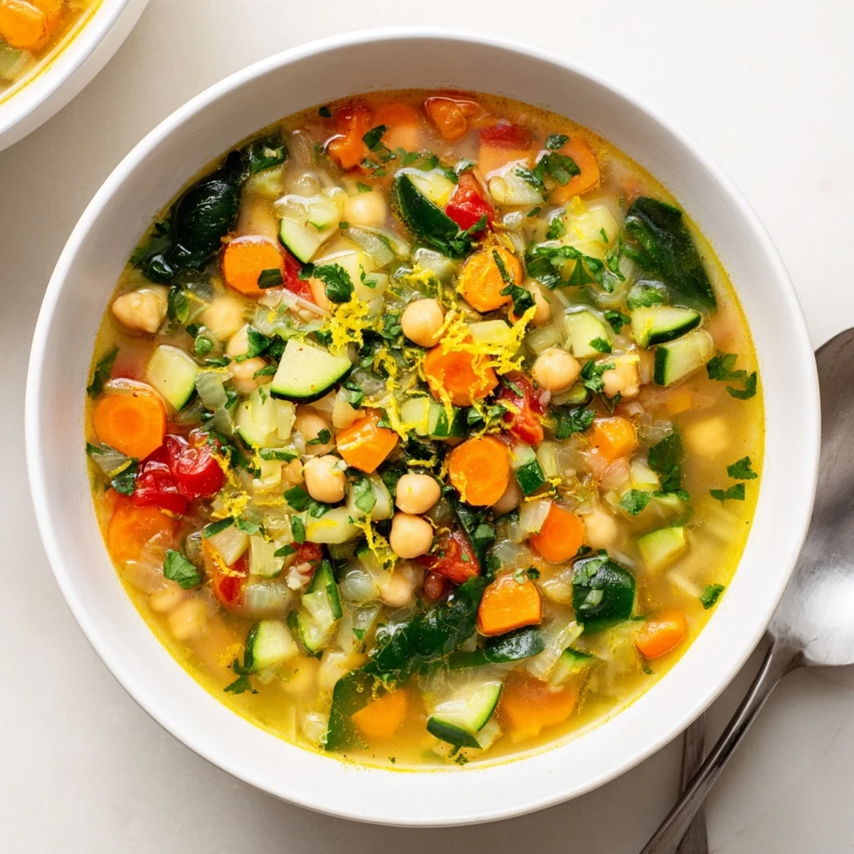 Steaming bowl of Vegan Italian Penicillin Soup with golden broth, tender carrots, and fresh parsley