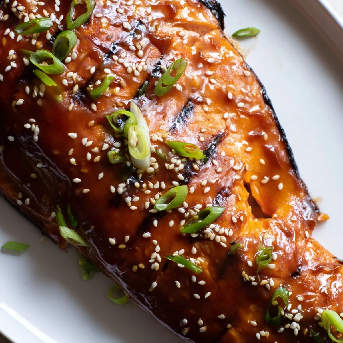 Caramelized salmon fillets glistening with gluten free teriyaki sauce on a white plate