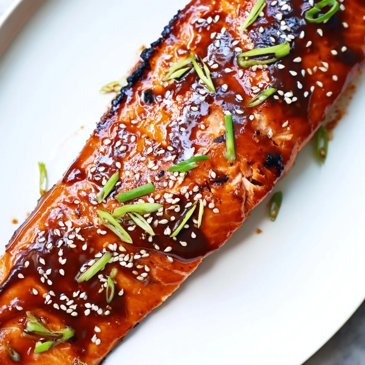 Golden baked salmon topped with sesame seeds and green onions in sticky gluten free teriyaki glaze