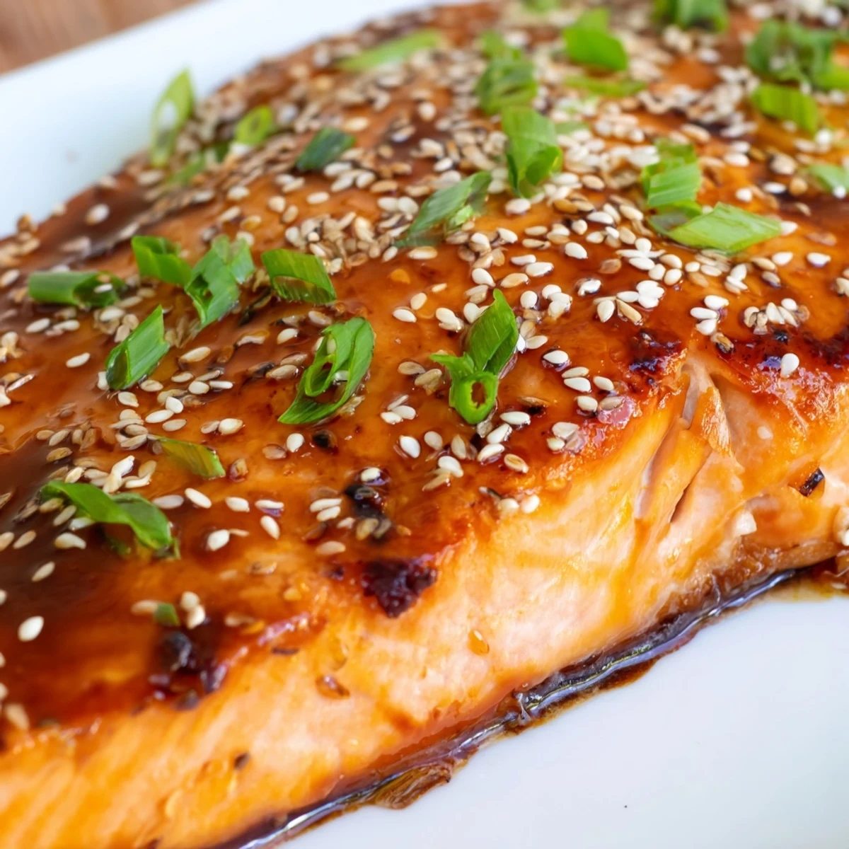 Four Portions Of Gluten Free Teriyaki Salmon Garnished With Spring Onions Over Steamed Jasmine Rice