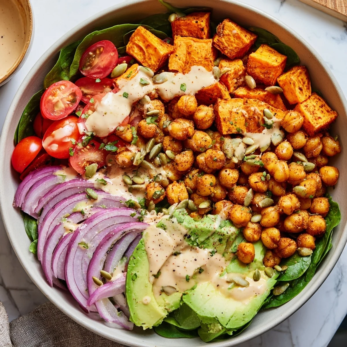 Golden roasted sweet potato chickpea bowl drizzled with creamy tahini dressing and avocado slices