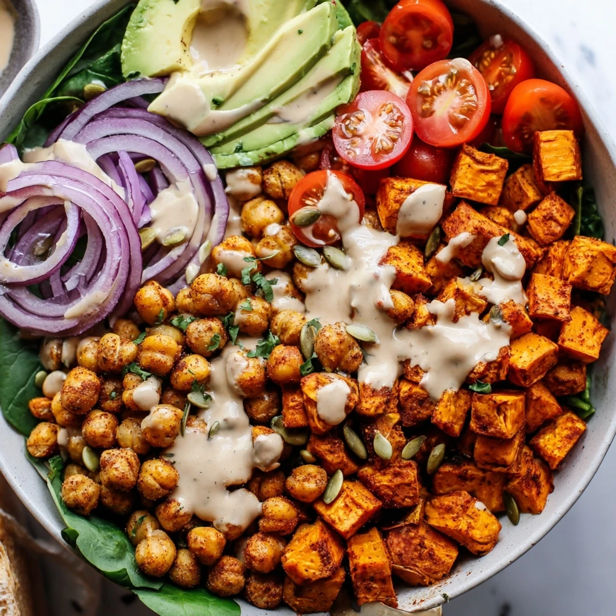 Crispy chickpeas and caramelized sweet potato chickpea bowl served over fresh leafy greens