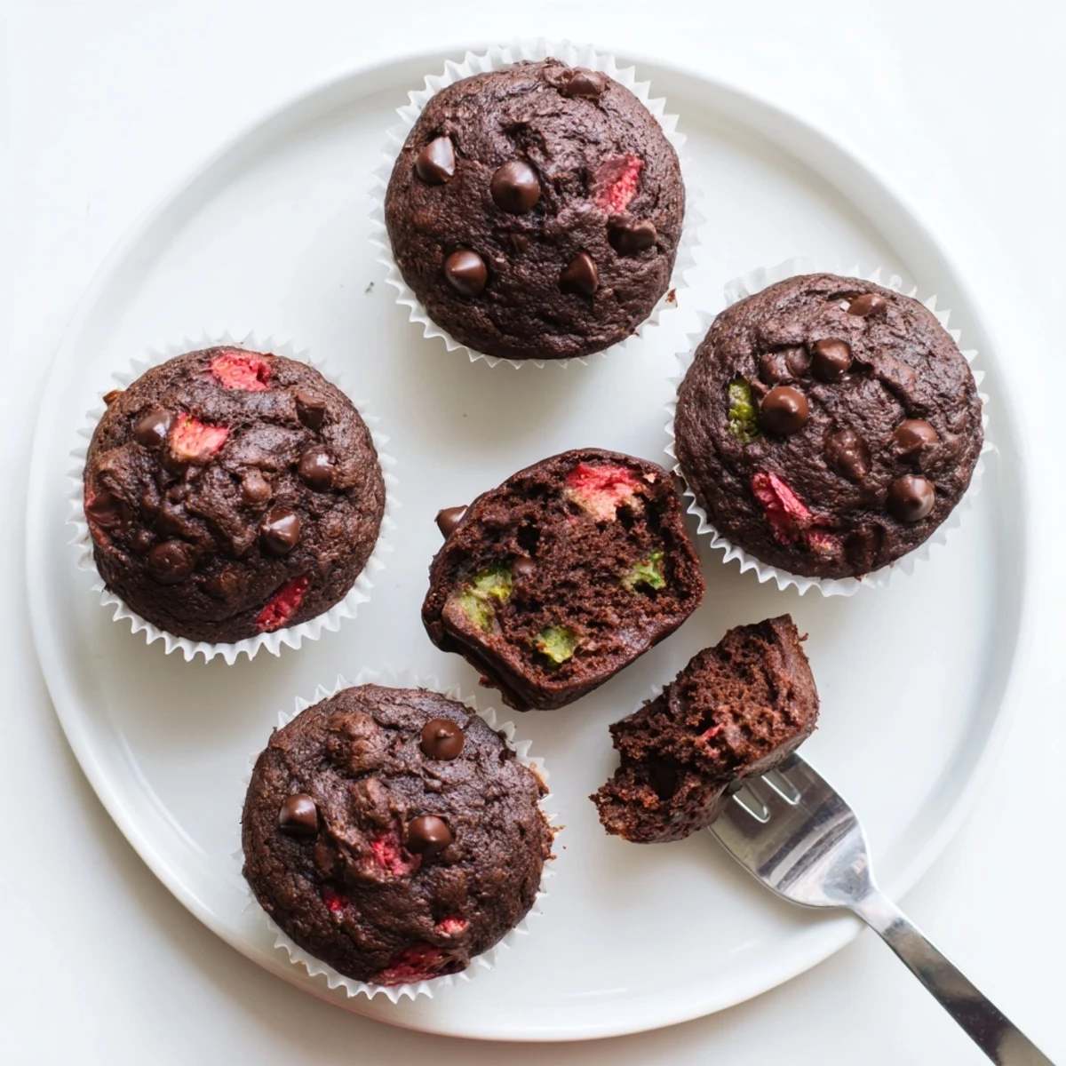 Chocolate zucchini strawberry muffins with melting chocolate chips on a rustic cooling rack