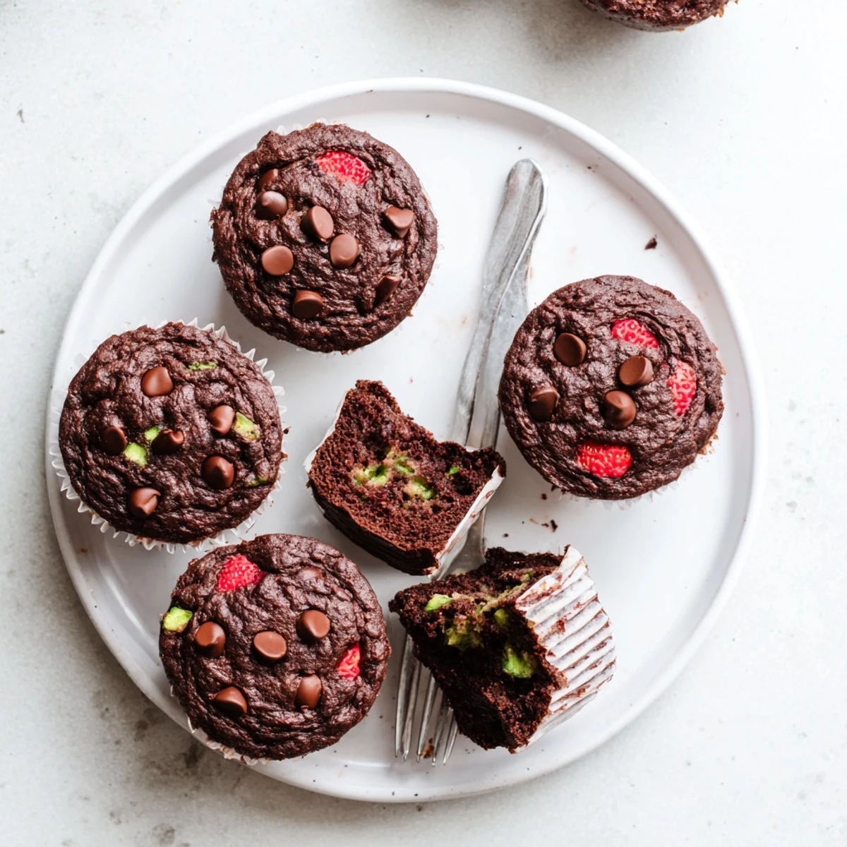 Moist chocolate zucchini strawberry muffins fresh from the oven topped with gooey chocolate chips