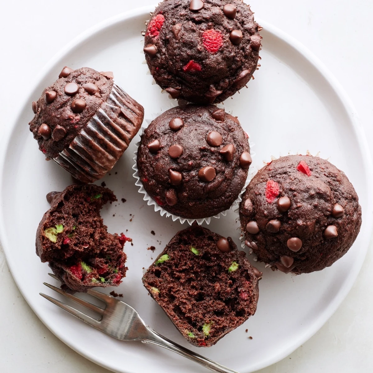 Golden-crusted chocolate zucchini strawberry muffins packed with juicy berries and rich cocoa batter