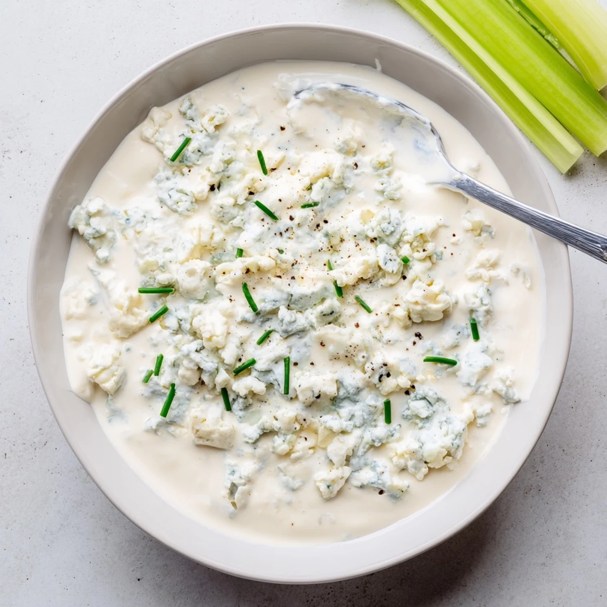 Creamy blue cheese dip in a rustic bowl surrounded by crisp celery sticks