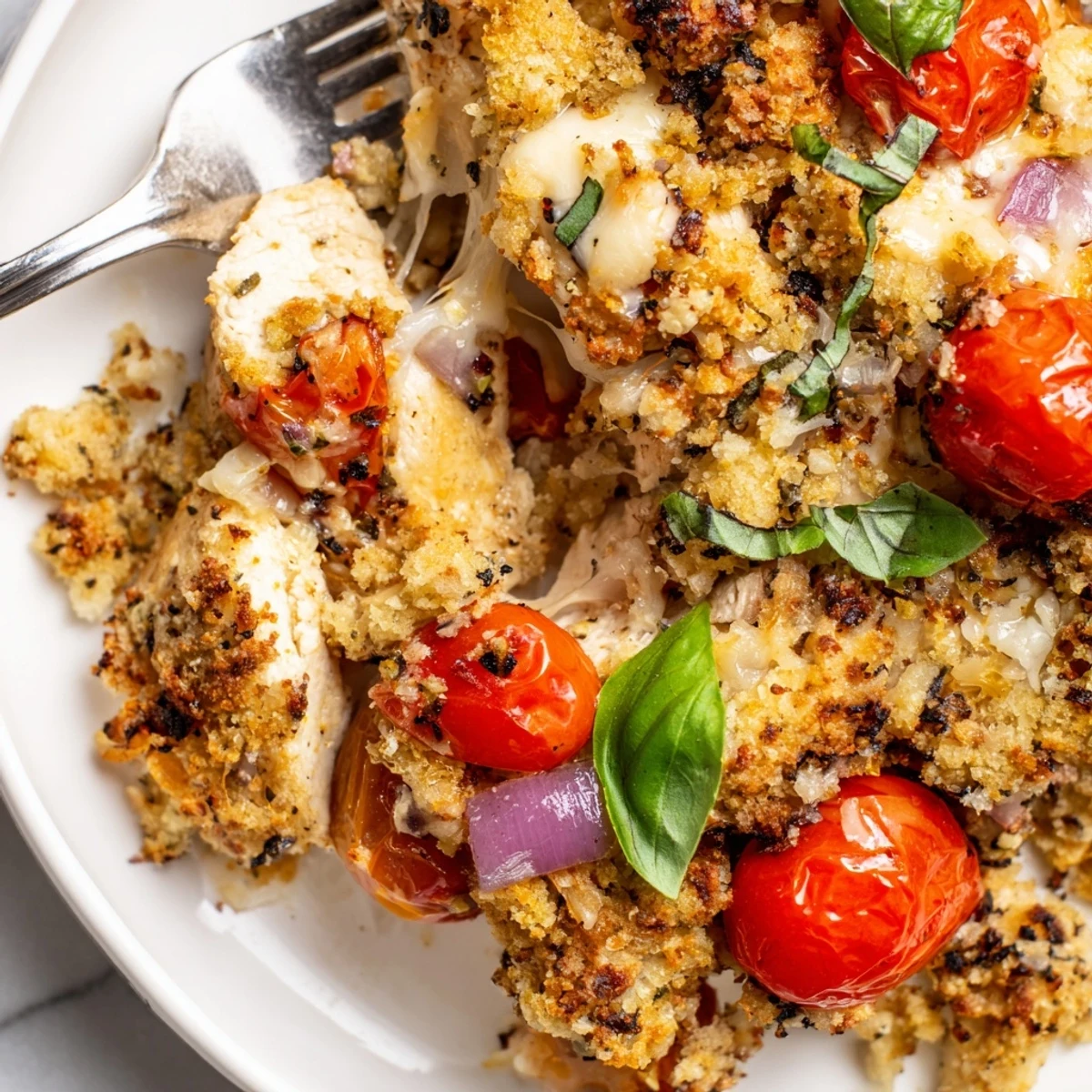 Golden crispy chicken bruschetta casserole topped with melted mozzarella and fresh tomatoes