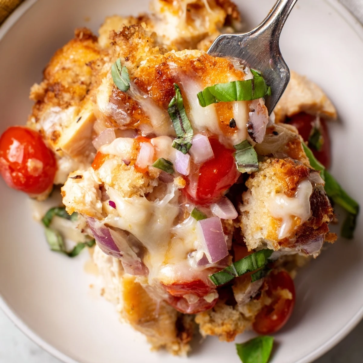 Juicy baked chicken bruschetta casserole with bubbling cheese and herbed breadcrumb crust