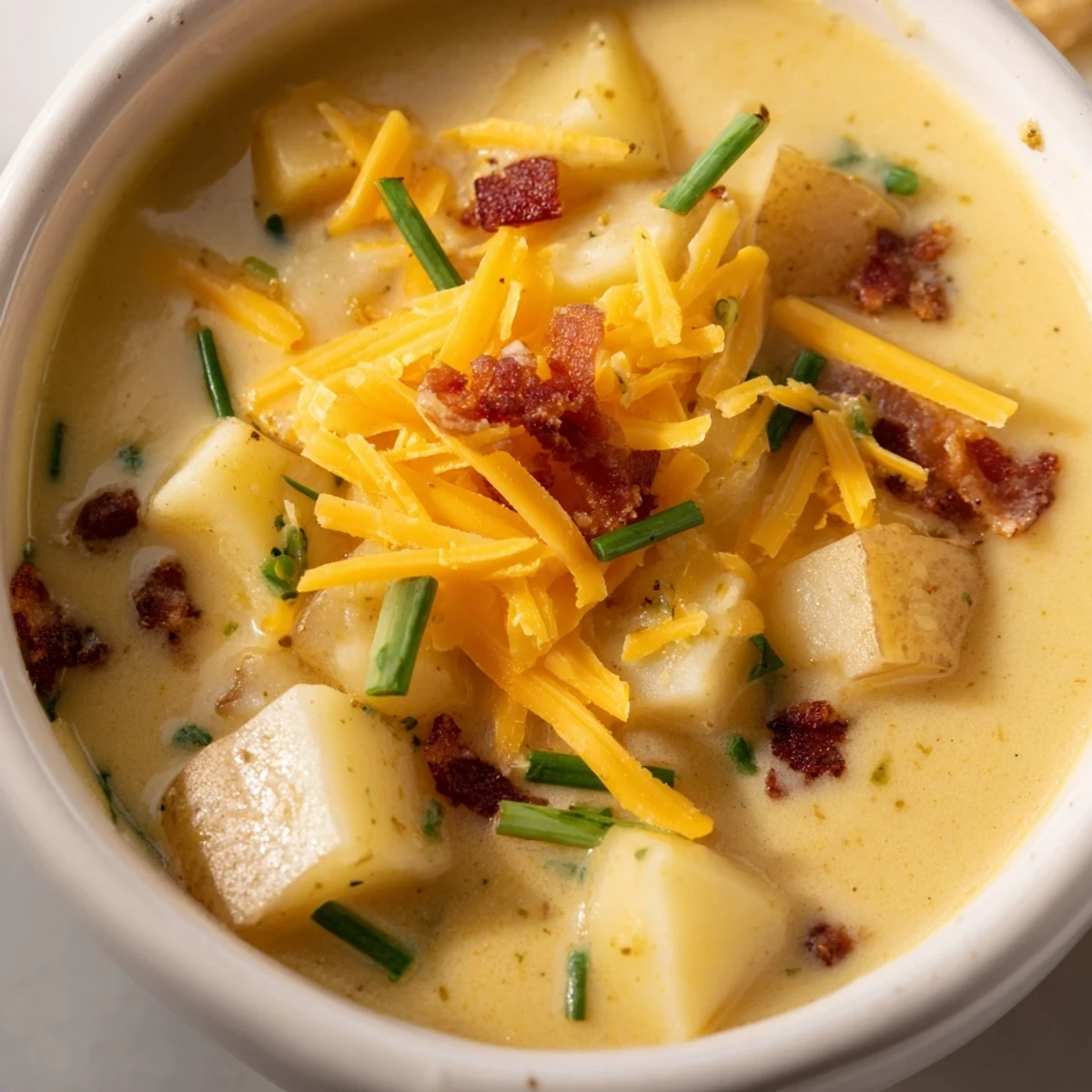 Rich and creamy cheddar potato soup topped with crispy bacon and fresh chives in a white bowl