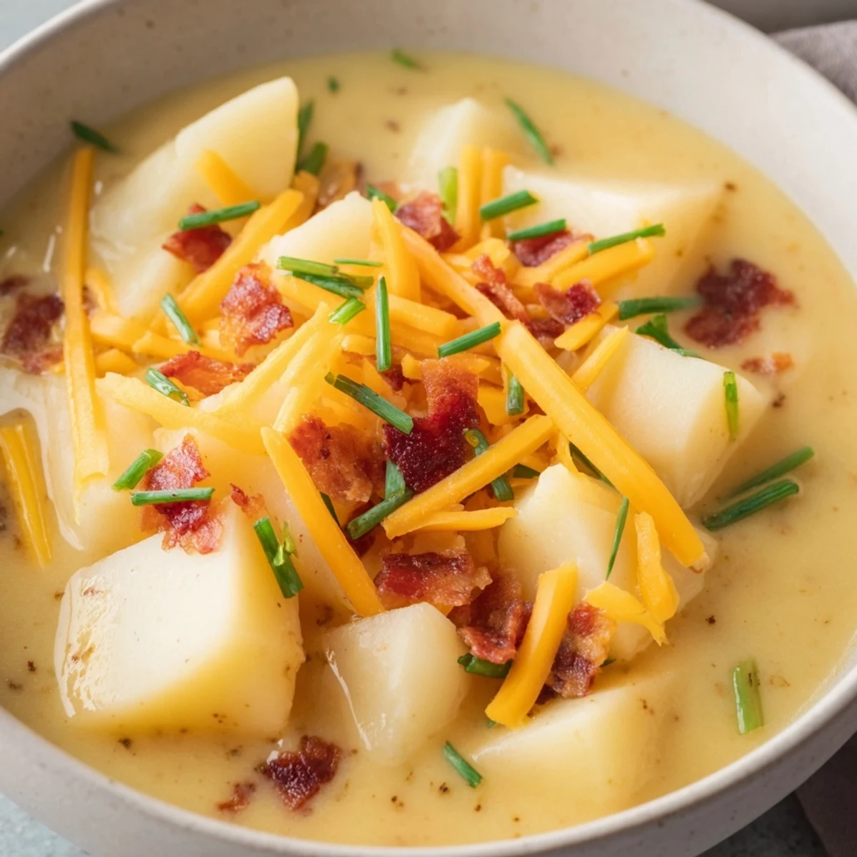 Velvety homemade Outback style potato soup loaded with sharp cheddar cheese and garnished with green onions