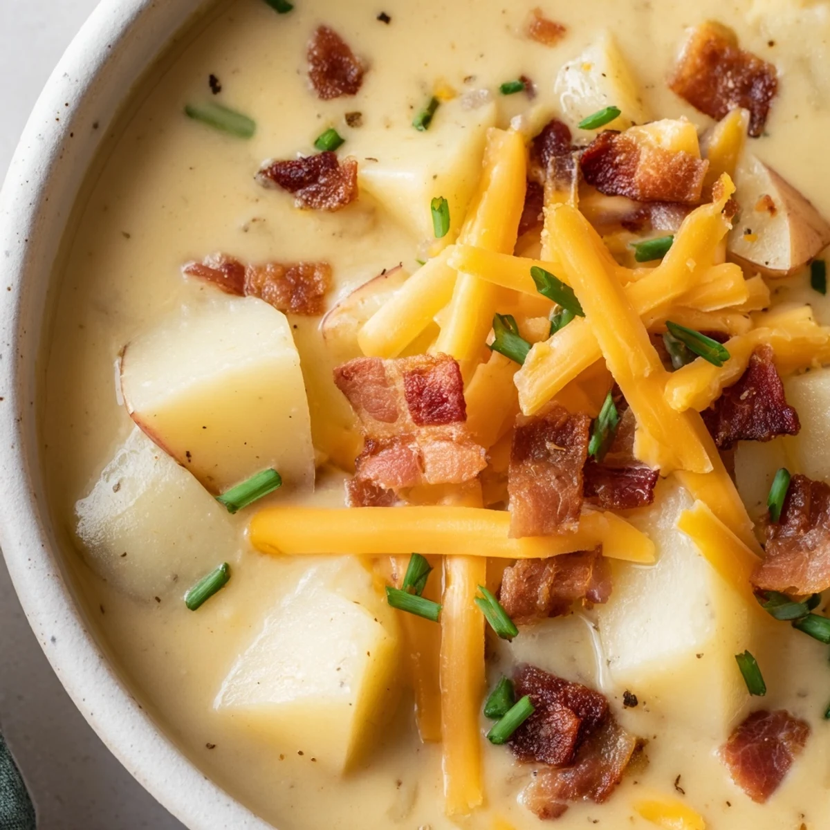 Hearty cheddar potato soup with melted cheese, sour cream, and smoky bacon crumbles on a rustic wooden table