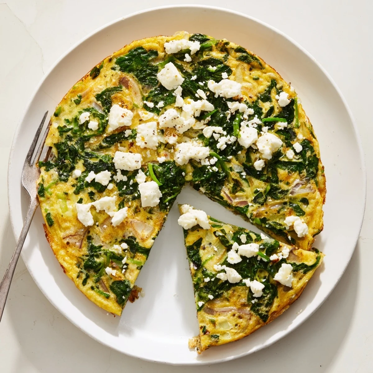 Golden spinach frittata with feta cheese baked to fluffy perfection in a skillet