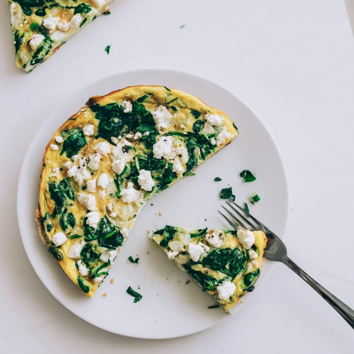 Mediterranean-style spinach frittata featuring creamy feta crumbles over a tender egg and vegetable base