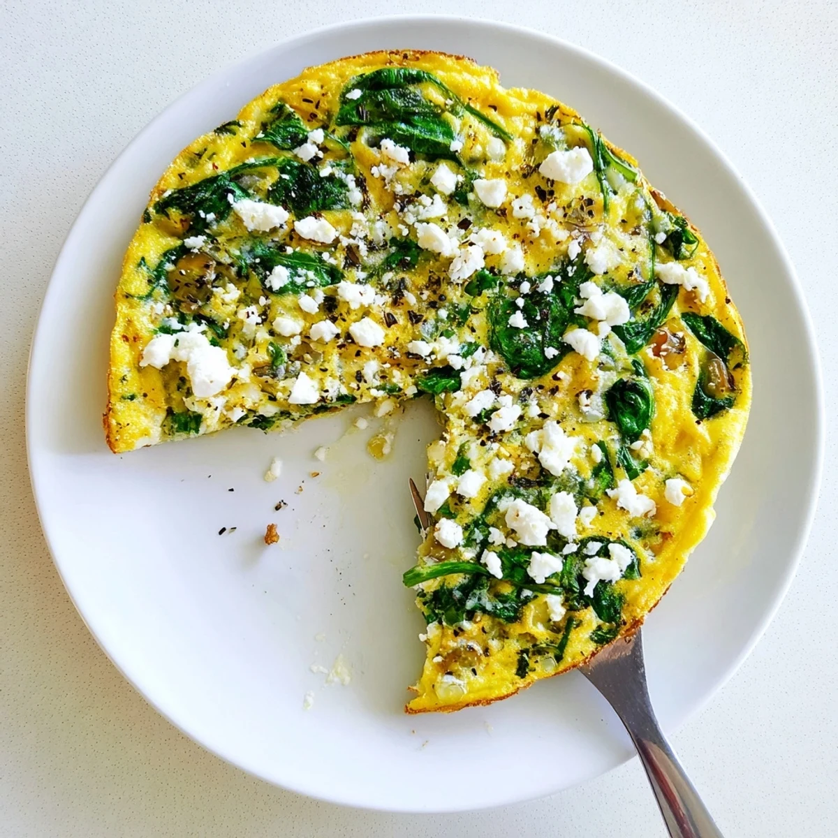 Savory breakfast spinach frittata with feta, freshly baked and sprinkled with crumbled white cheese