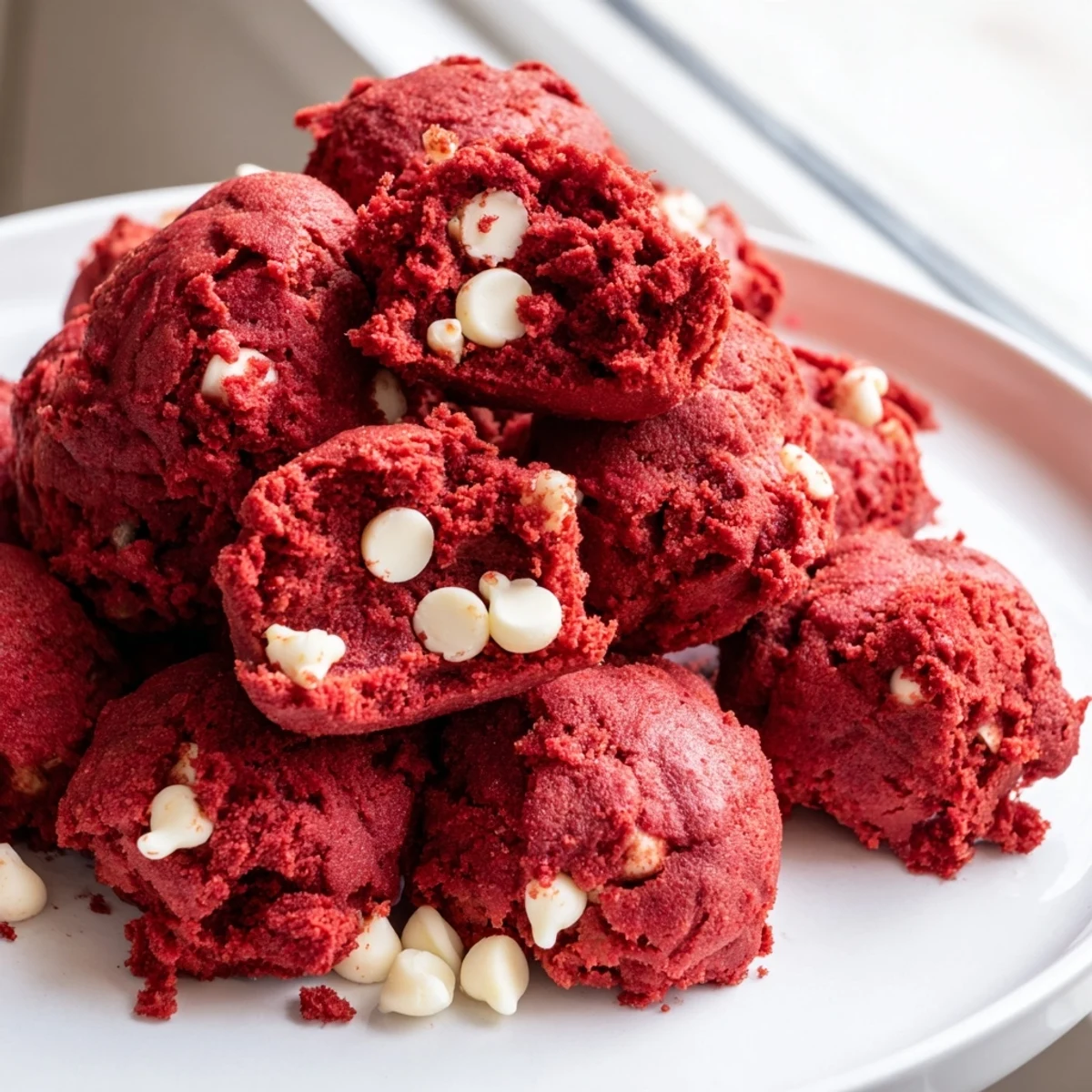 Creamy red velvet cookie dough scooped into bite-sized balls with white chocolate chips